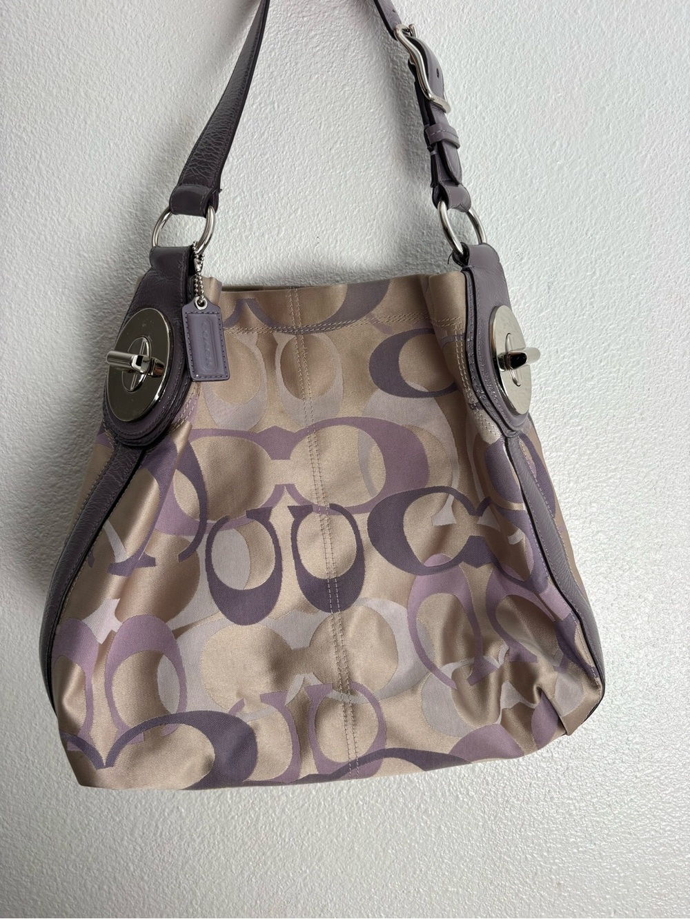Coach Shoulder Bag in Lavender and Beige Signature Canvas